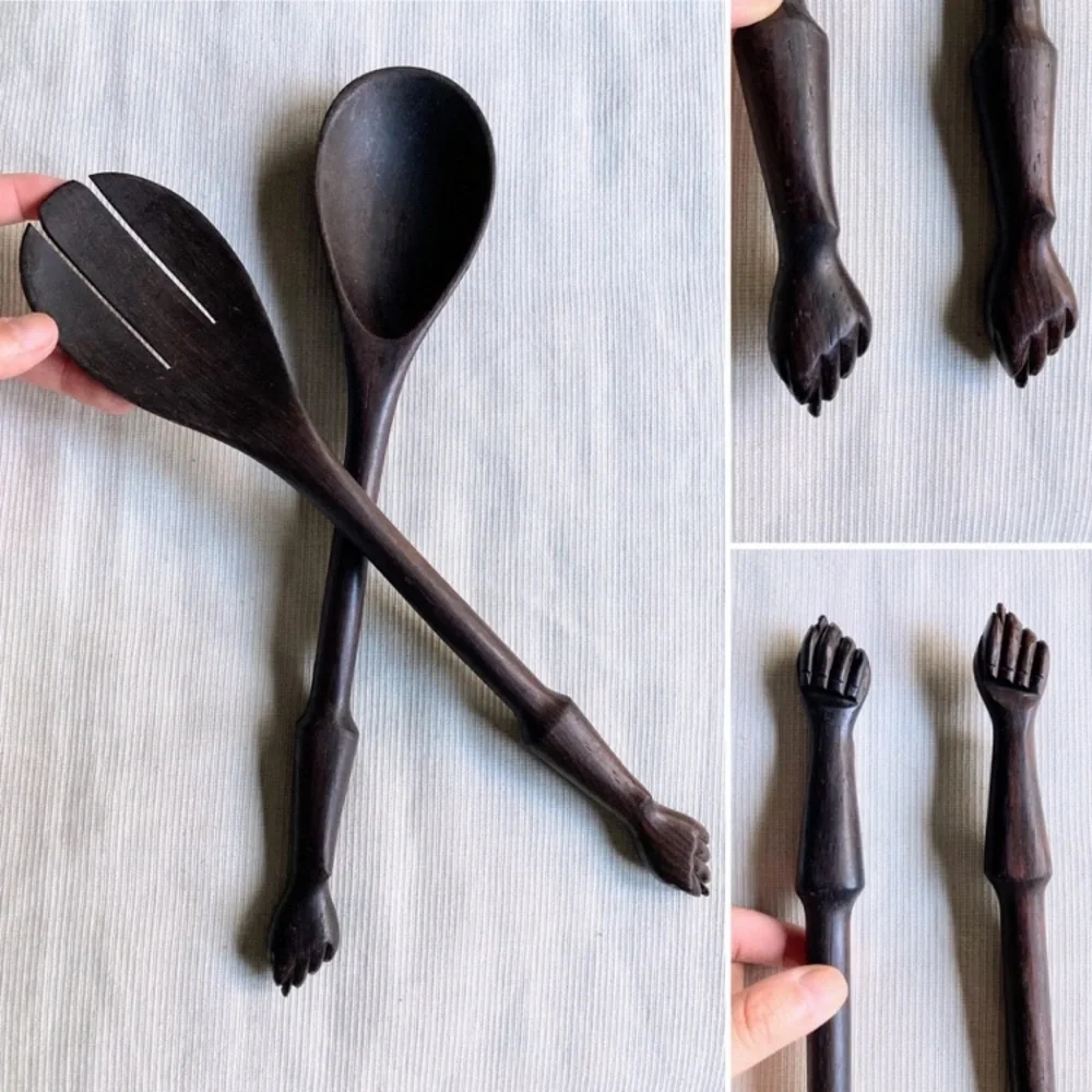 RARE Pair of Vintage Wooden Mano Fico Figa Handmade Serving Utensils Set